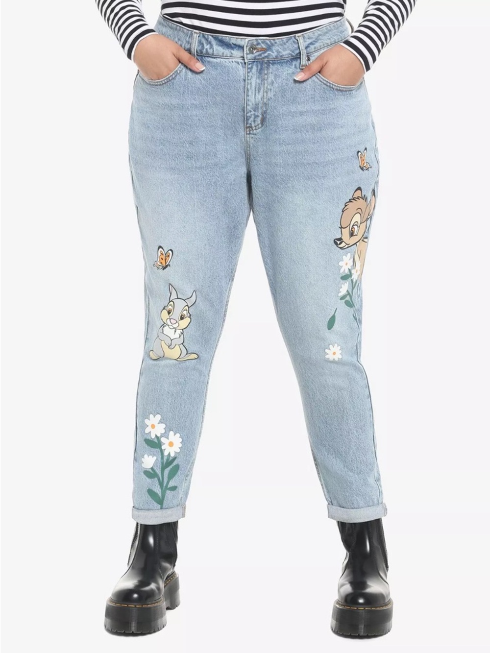 Disney Light Wash Bambi Floral & Character Mom Jeans - Blue BIN#15